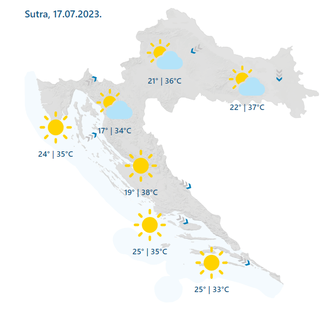 Cijela Hrvatska u narančastom: Temperature sutra idu i do 38 stupnjeva, na Jadranu i do 40°C