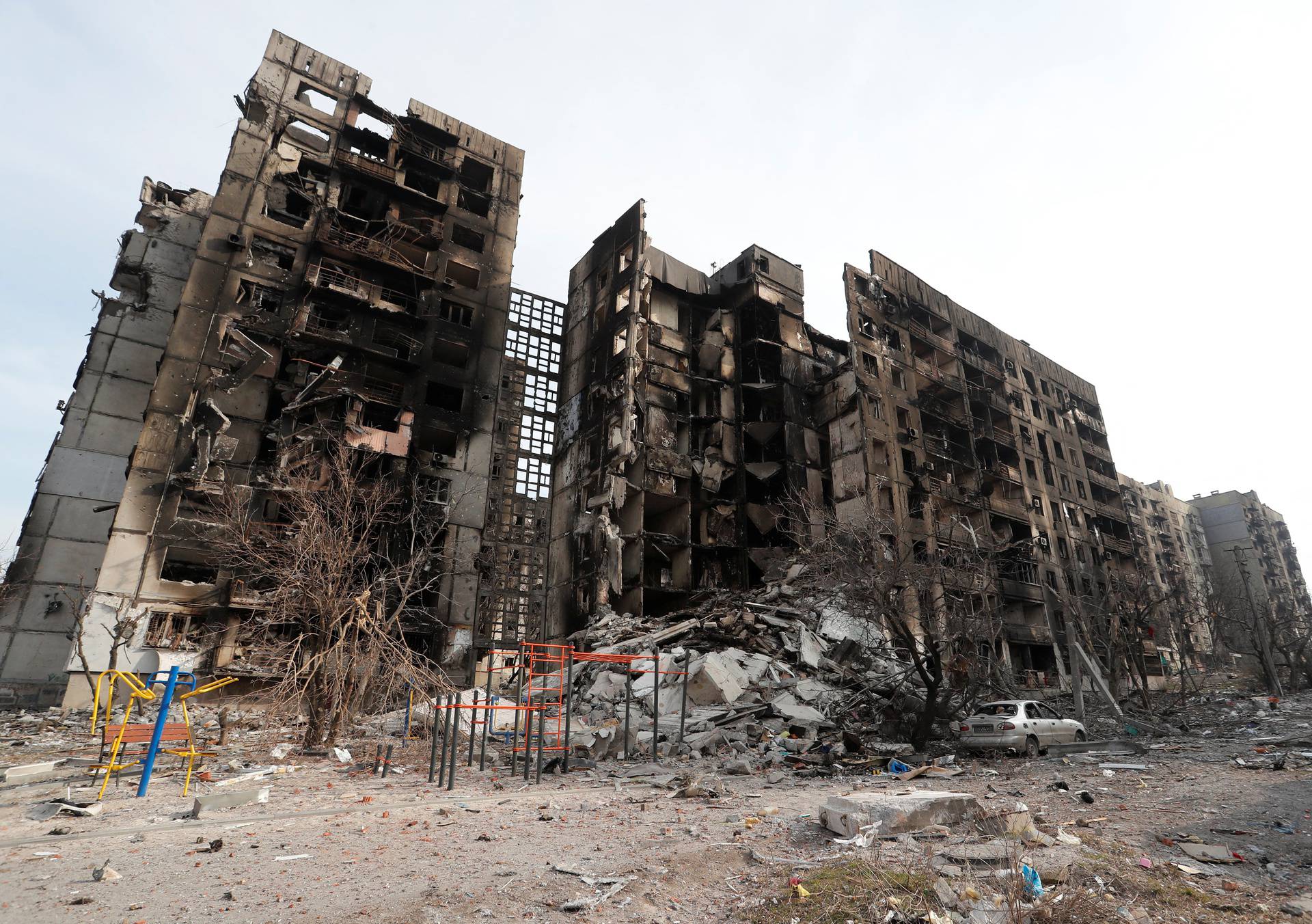 A view shows a destroyed apartment building in Mariupol