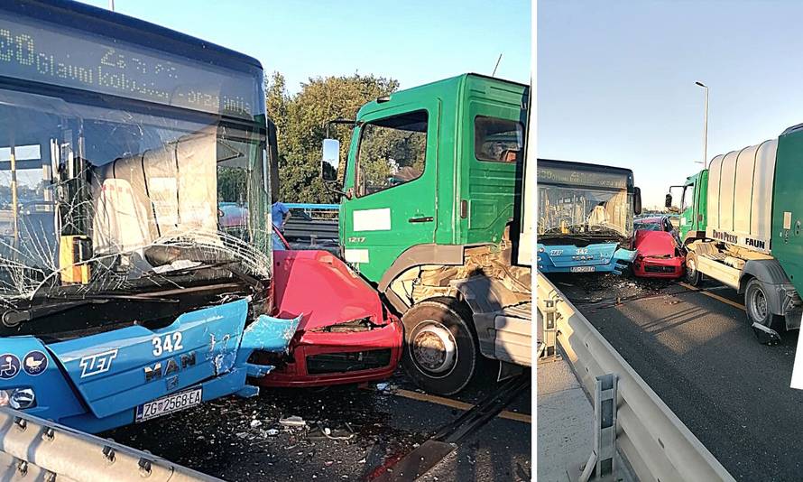 Auto zdrobljen između autobusa i kamiona na Mostu slobode: 'Čovjek je izašao sav krvav'