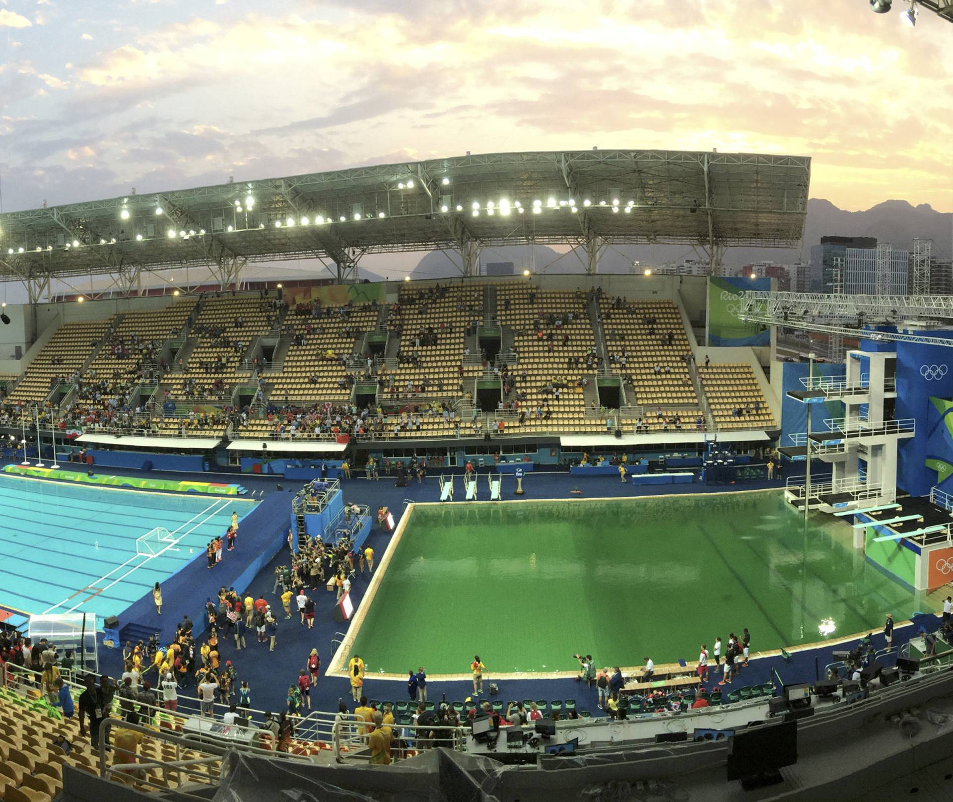 Combo photo of Olympic diving venue pool at Maria Lenk Aquatics Centre in Rio