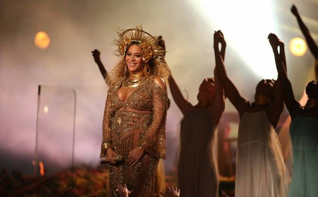 Beyonce performs at the 59th Annual Grammy Awards in Los Angeles