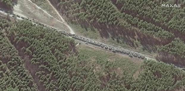 A satellite image shows northern end of convoy logistics and resupply vehicles, southeast of Ivankiv