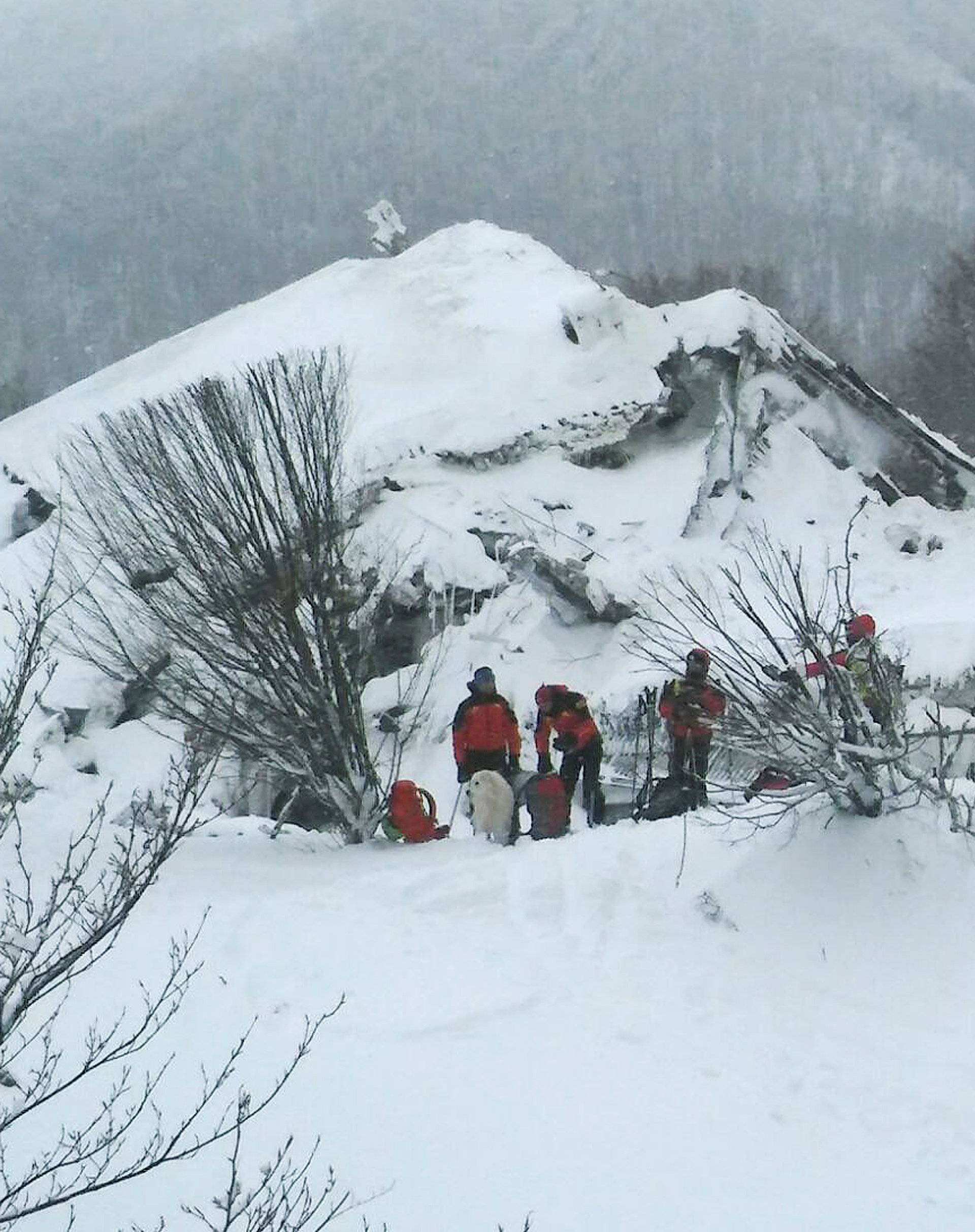 Members of Lazio's Alpine and Speleological Rescue Team stand in front of the Hotel Rigopiano in Farindola
