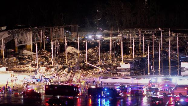 Damage at Amazon warehouse after tornado in Edwardsville, Illinois