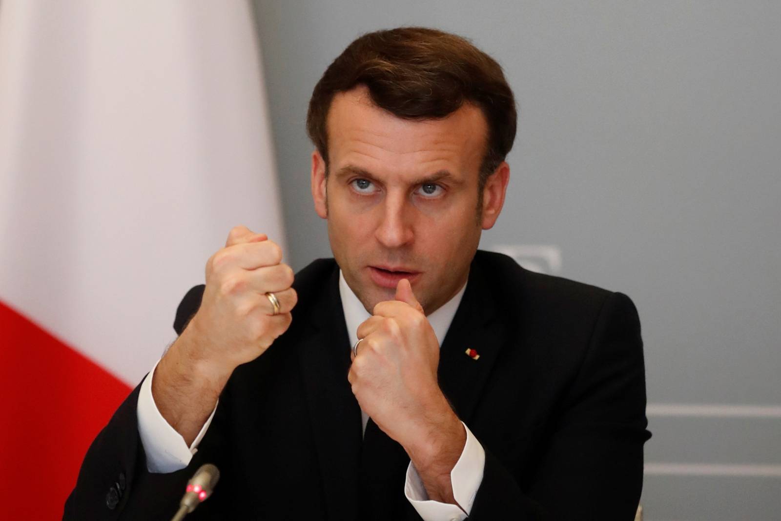 French President Macron attends a video conference meeting with African Union officials, in Paris