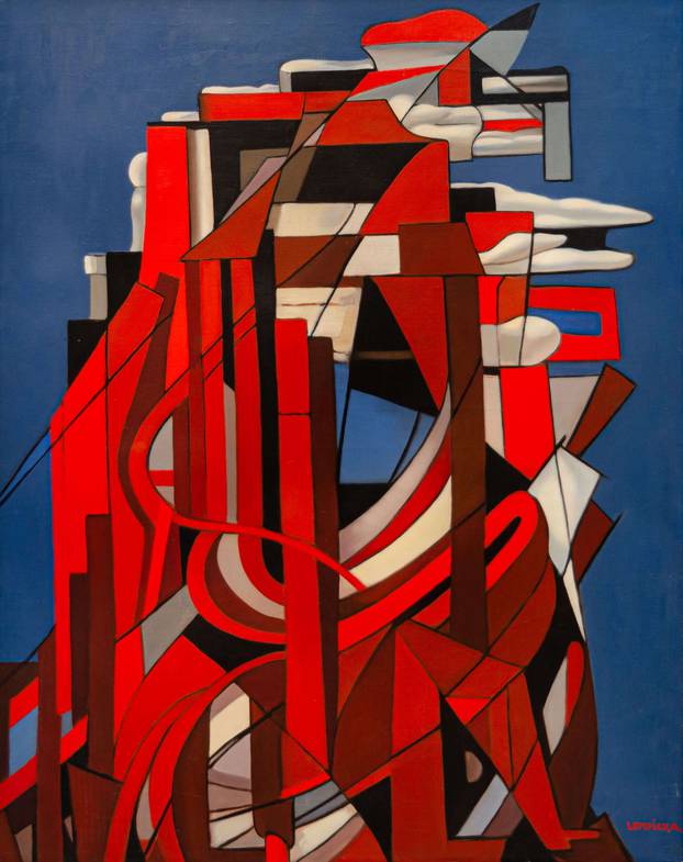 ➤ Ulje na platnu ‘Apstraktna kompozicija u crvenom i  plavom II’ / ‘Crvena tvornica’, oko 1953. godine
