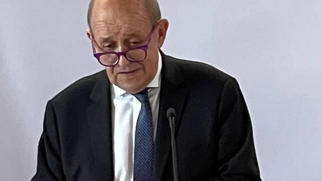 French Foreign Minister Jean-Yves Le Drian speaks during a news conference in New York