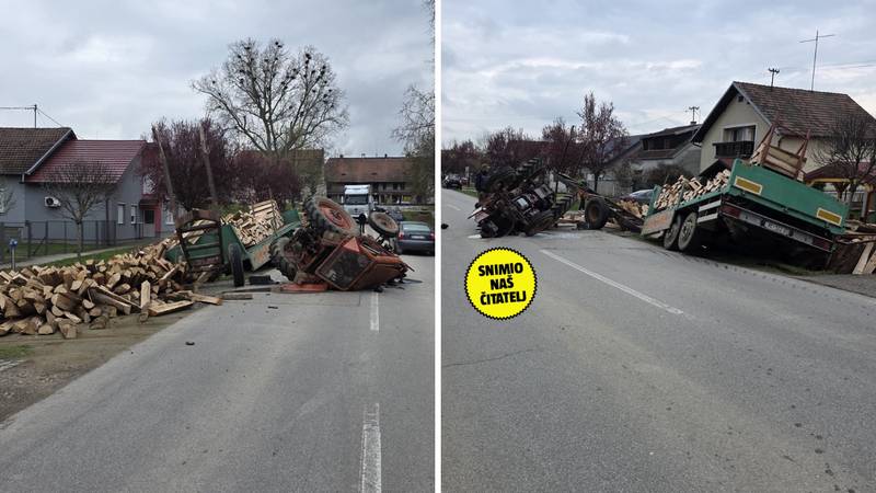 Krš i lom u Nuštru: Prevrnuli se traktor i prikolica, drva posvuda