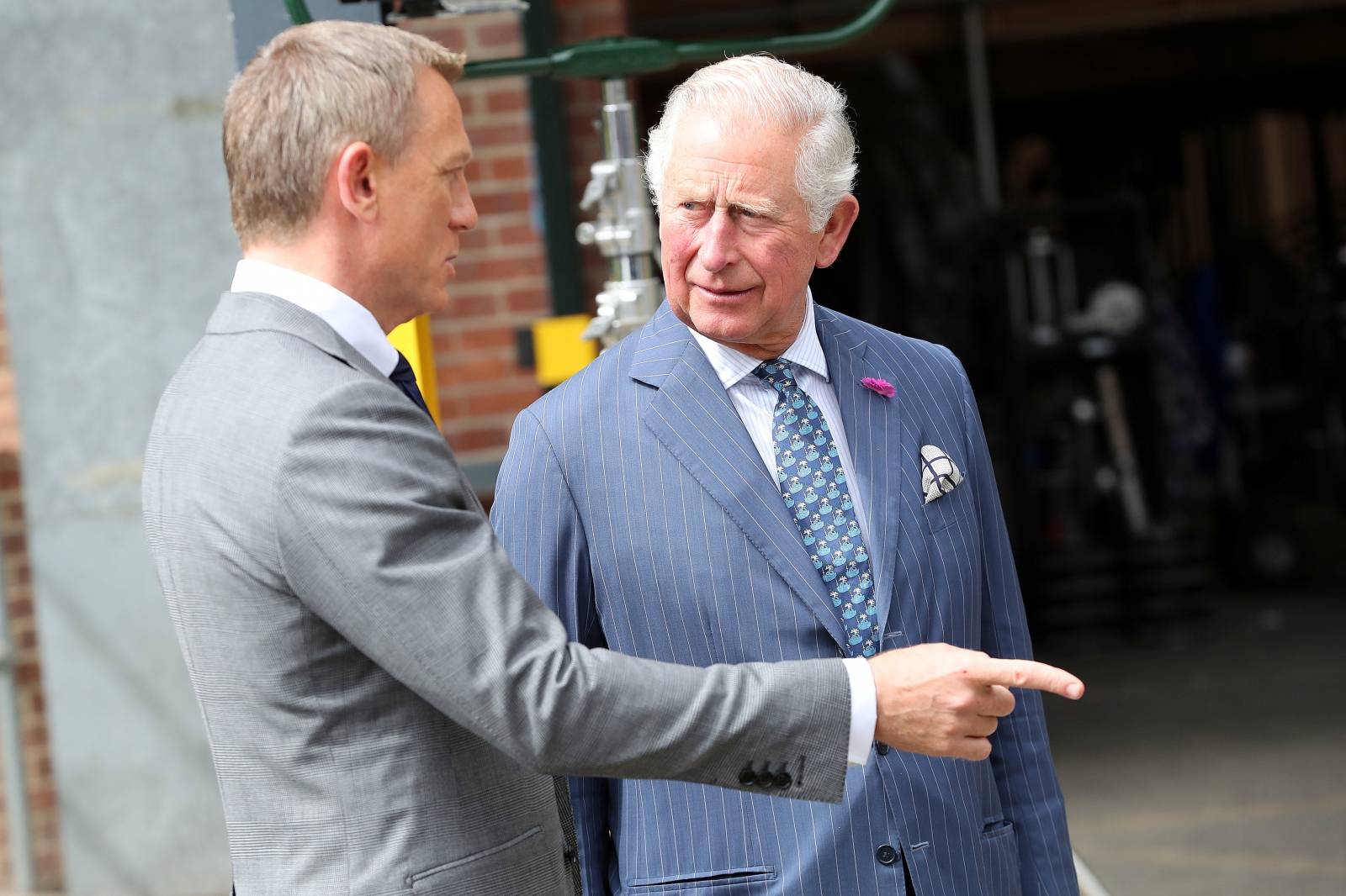 Britain's Prince Charles visits the set of James Bond at Pinewood Studios