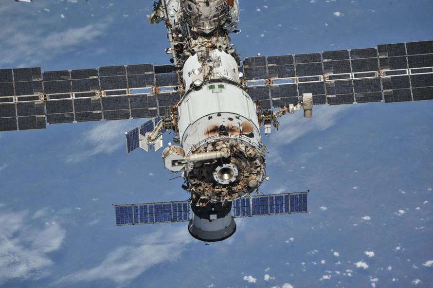 FILE PHOTO: ISS photographed by Expedition 56 crew members from a Soyuz spacecraft after undocking