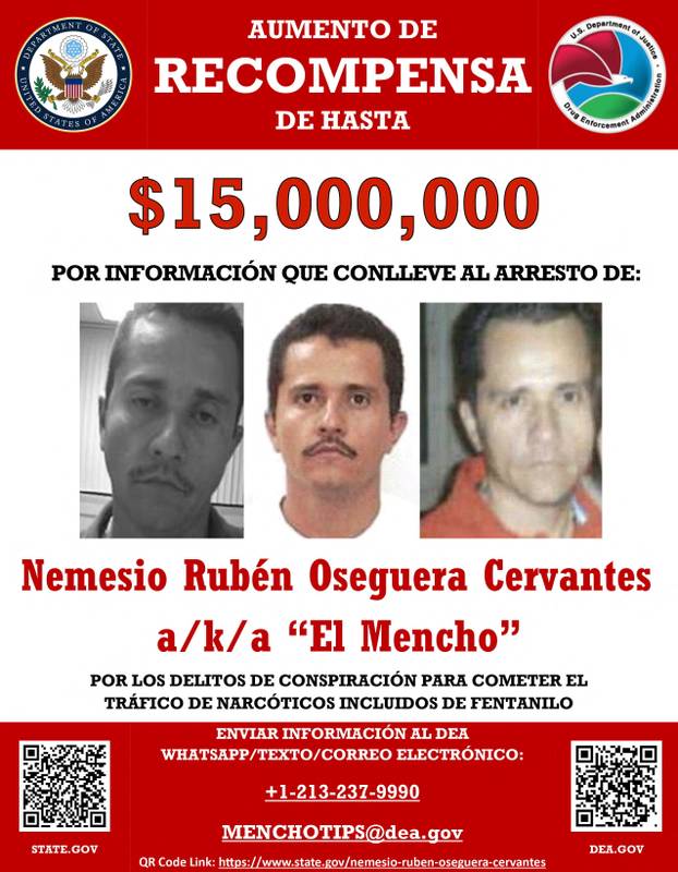 Mexican drug lord Nemesio Oseguera Cervantes, also known as El Mencho, appears in undated photographs on the U.S. Department of State website
