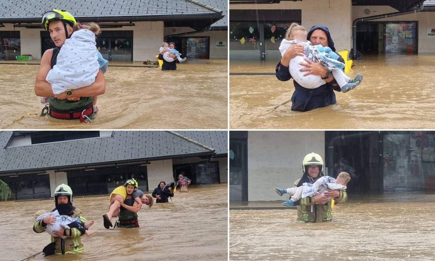 FOTO Vatrogasci spašavali djecu iz vrtića u Sloveniji, prestrašene ih iznosili u rukama po poplavi