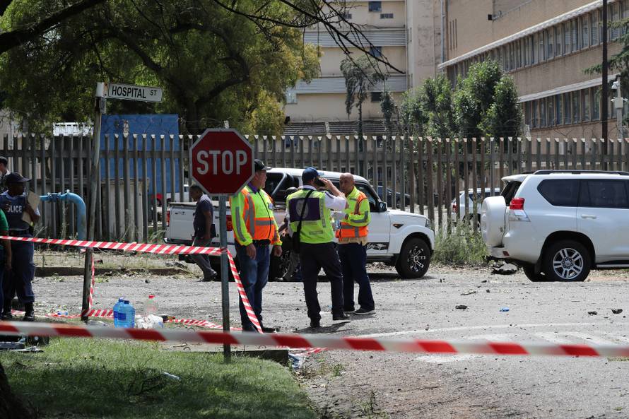 Emergency services work at the scene where a gas tanker exploded in Boksburg near Johannesburg