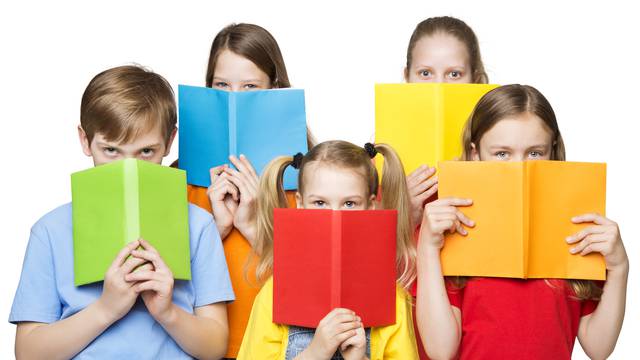 Children Reading Open Books, School Kids Group Eyes behind Blank