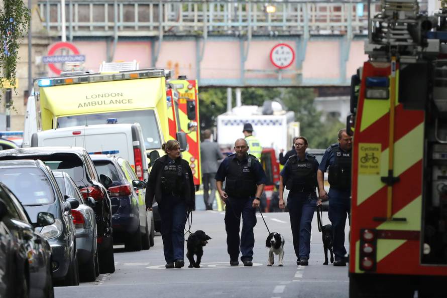 Police officers walk with dogs after an incident at Parsons Green underground station in London