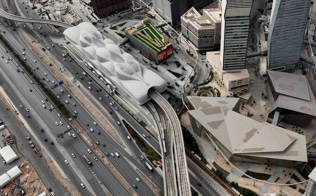 A train leaves the King Abdullah Financial District Metro Station in Riyadh, Saudi Arabia