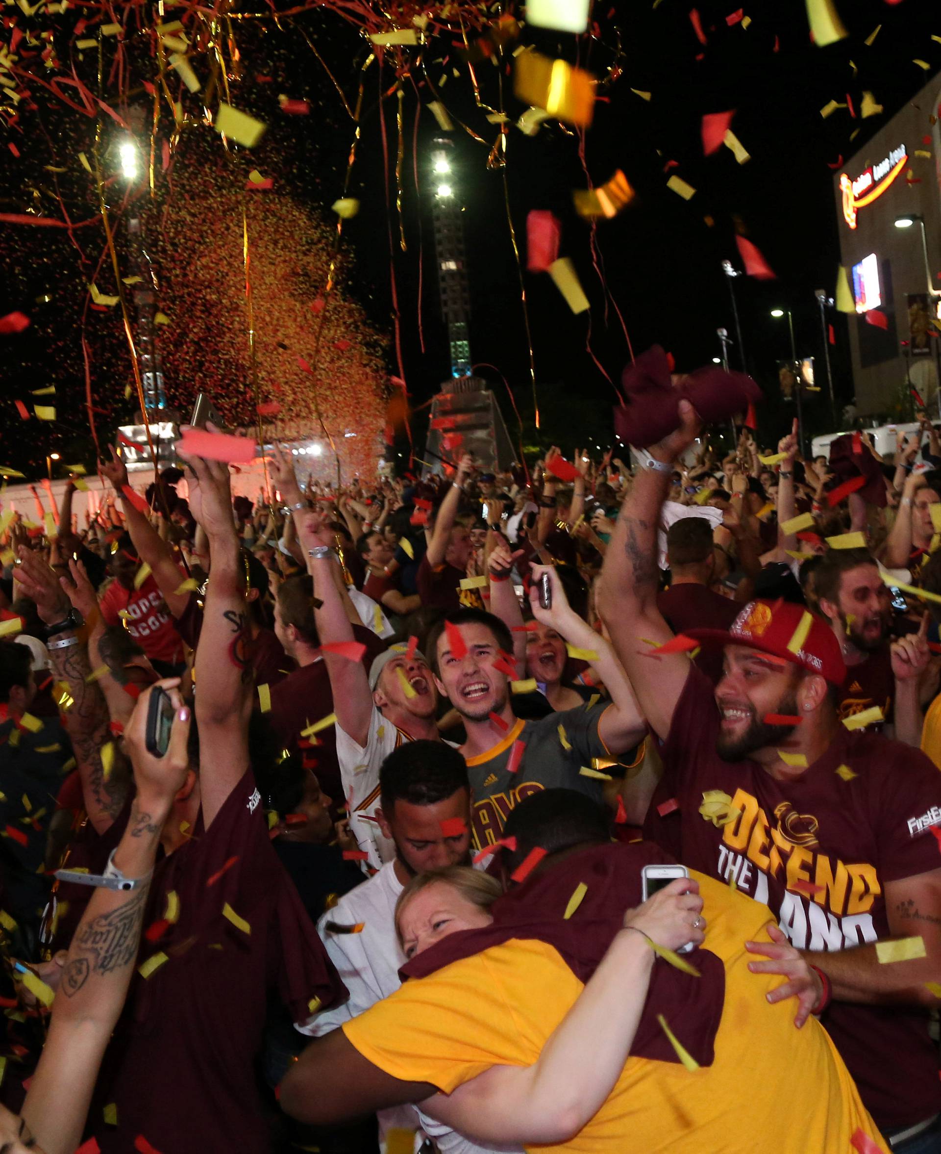 Cleveland Cavaliers rejoice at a watch party outside of Quicken Loans Arena in Cleveland