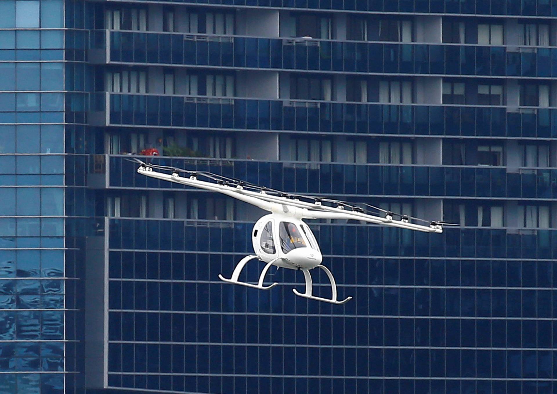 A Volocopter air taxi performs a demonstration in Singapore