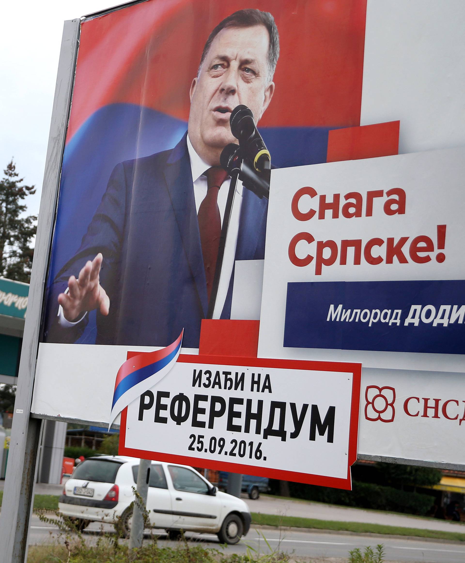 Milorad Dodik, President of Republika Srpska is pictured on an election poster calling for votes for a referendum on their Statehood Day in Prnjavor