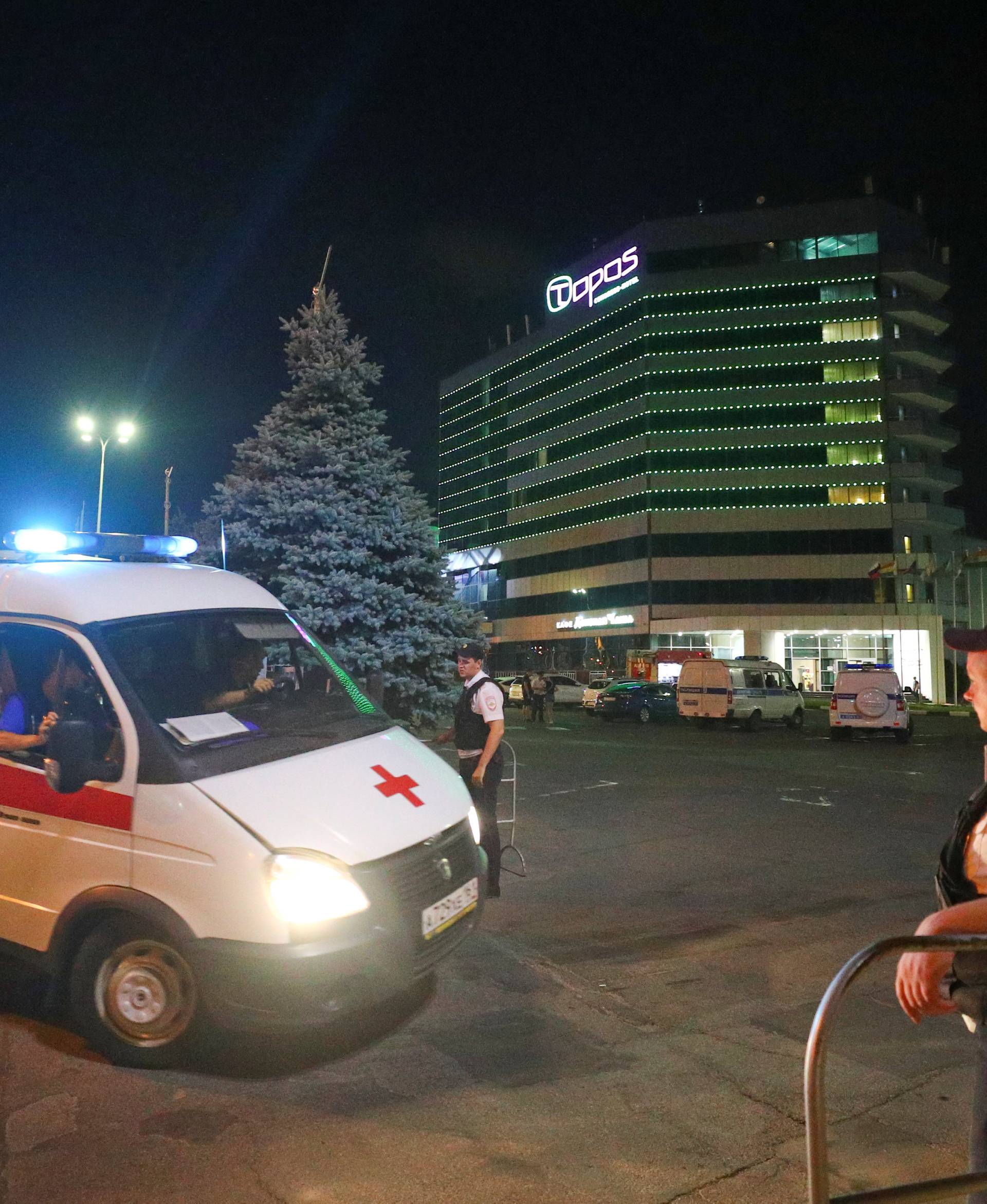 Ambulance arrives at the Topos Congress hotel in the soccer World Cup host city of Rostov-on-Don