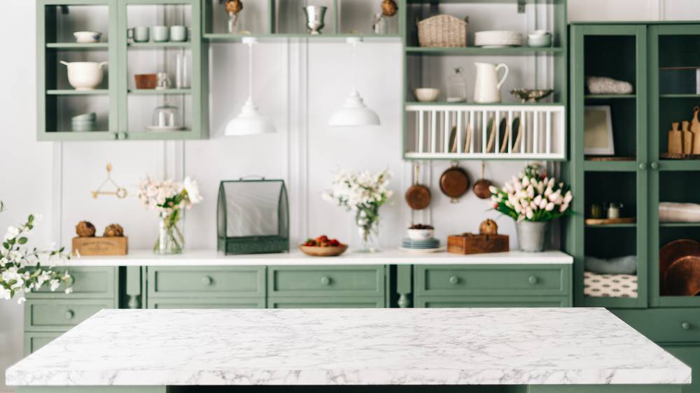 Clean,And,Empty,Marble,Countertop,,Green,Vintage,Kitchen,Furniture,With