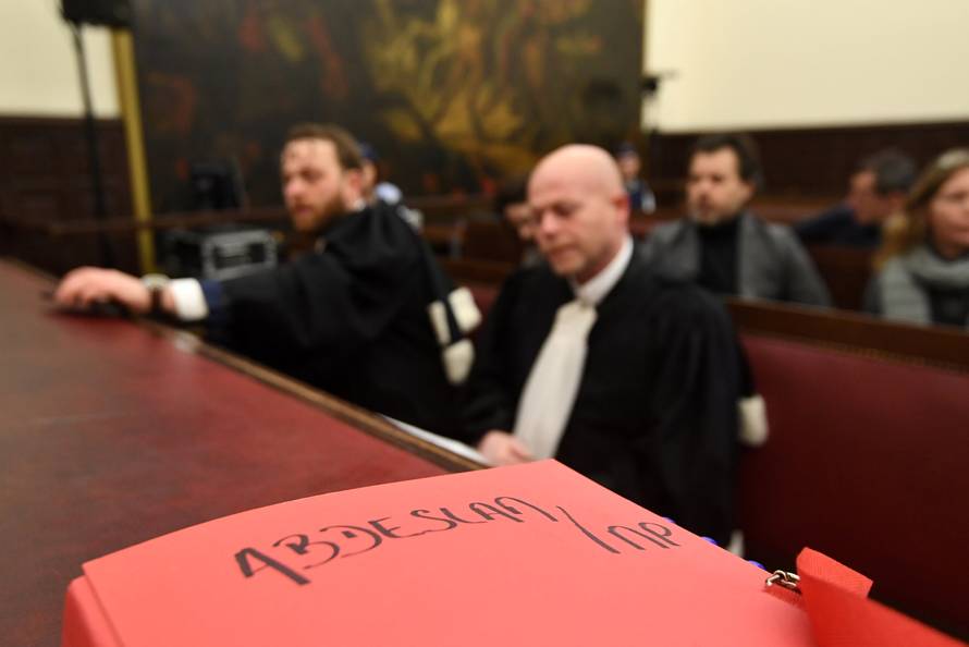 Belgian lawyers representing Paris attacks suspect Salah Abdeslam Mary and Delcoigne look on in the courtroom prior to the opening of the trial of Salah Abdeslam in Brussels