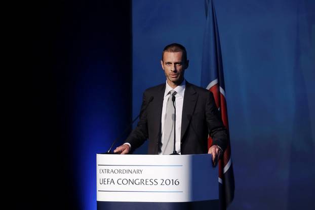 President of the Football Association of Slovenia and candidate for the UEFA presidency Aleksander Ceferin delivers a speech before the election for the new UEFA President in Athens