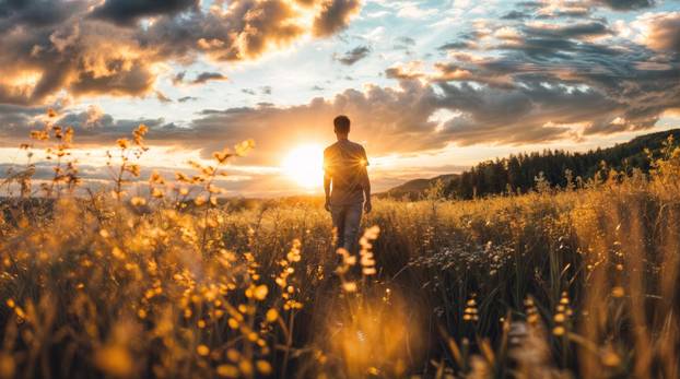 Man standing on the meadow at sunset, looking at the sun