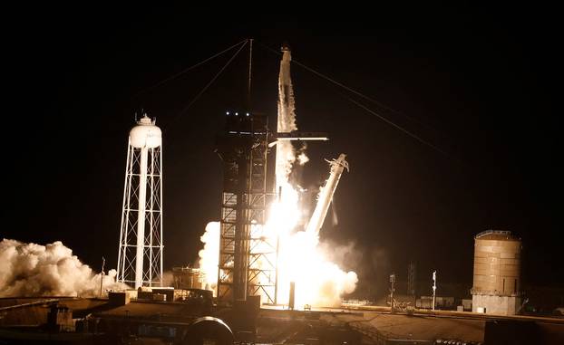 A SpaceX Falcon 9 rocket lifts off with Polaris Dawn, a private human spaceflight mission, in Cape Canaveral