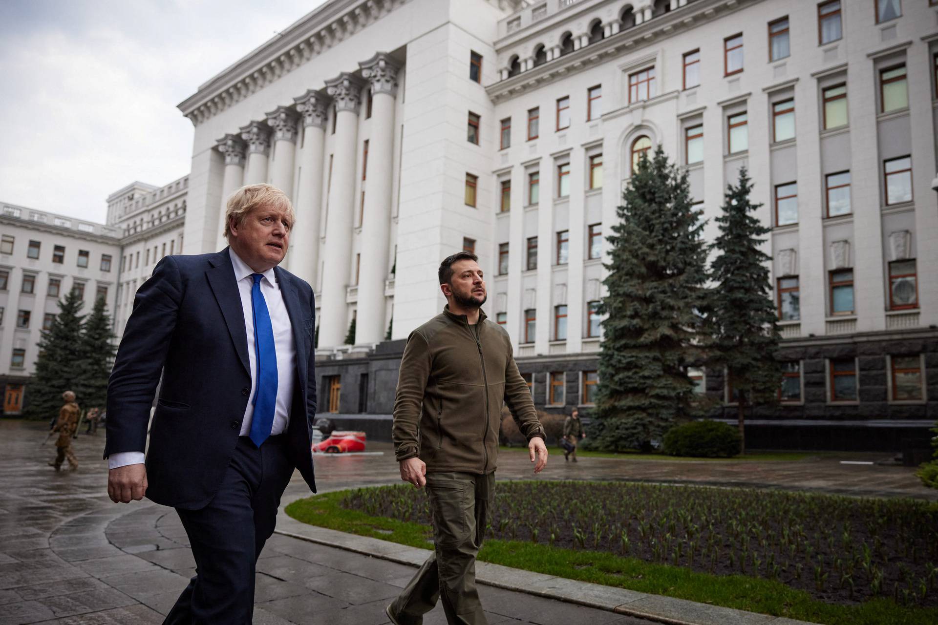 Ukraine's President Zelenskiy welcomes British PM Johnson walk in central Kyiv