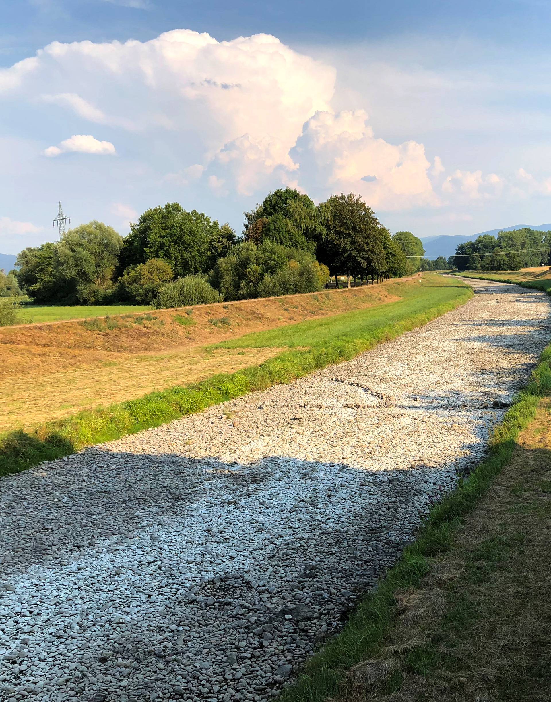 The view of the Dreisam dried-out river bed in March, near Freiburg