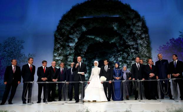 Turkish President Tayyip Erdogan speaks during the wedding ceremony of his daughter Sumeyye Erdogan and her husband Selcuk Bayraktar in Istanbul, Turkey