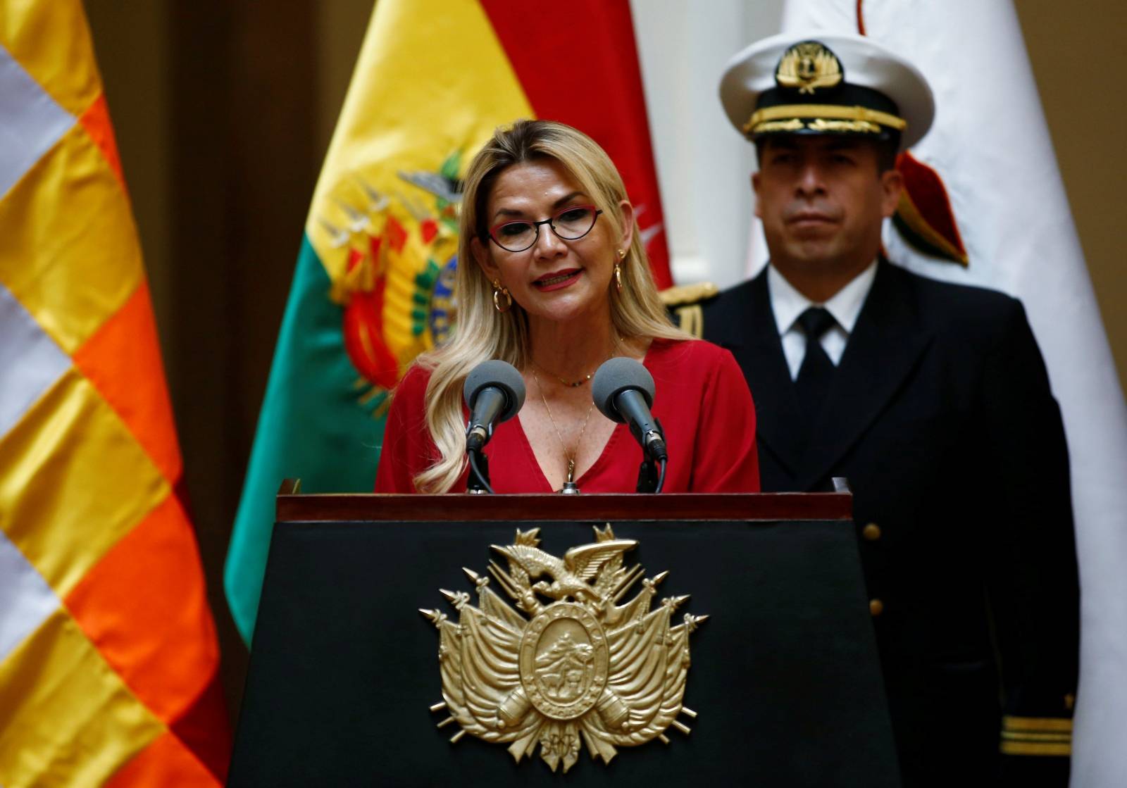 Bolivia's interim president Jeanine Anez speaks during a ceremony at the presidential palace in La Paz