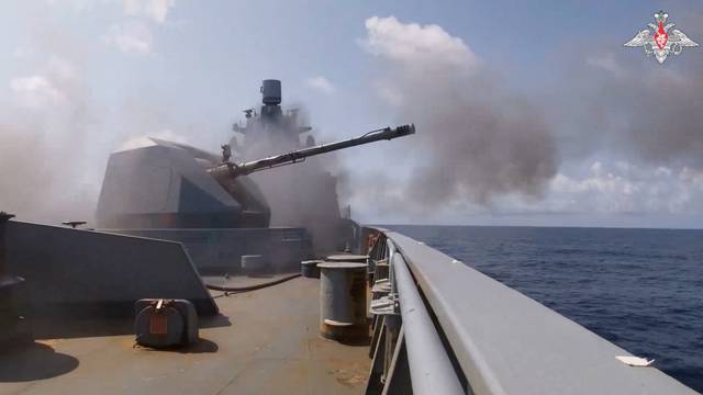 Russian warship holds drills in the Atlantic Ocean