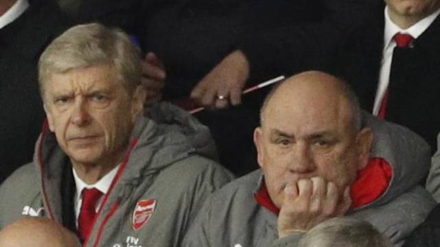 Arsenal manager Arsene Wenger, coach Boro Primorac and Pat Rice in the stands