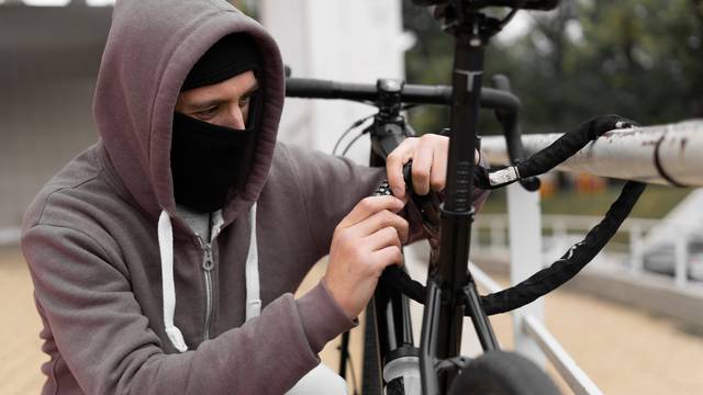 Caucasian male Thief in balaclava and hood breaks the lock on a bicycle in the street during the day. Closed face and hacking. Stealing bicycles.