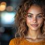 A woman with curly hair and a bright smile stands in a comfortable space filled with warm light