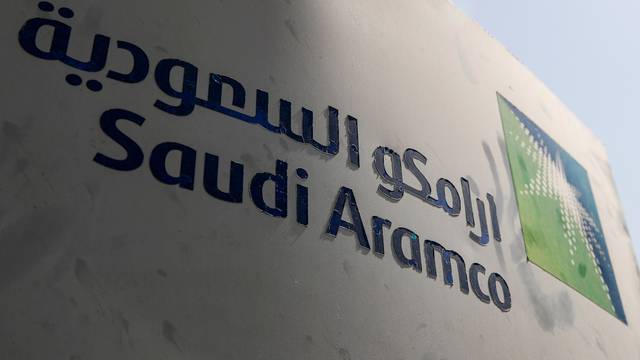 Saudi Aramco logo is pictured at the oil facility in Khurais