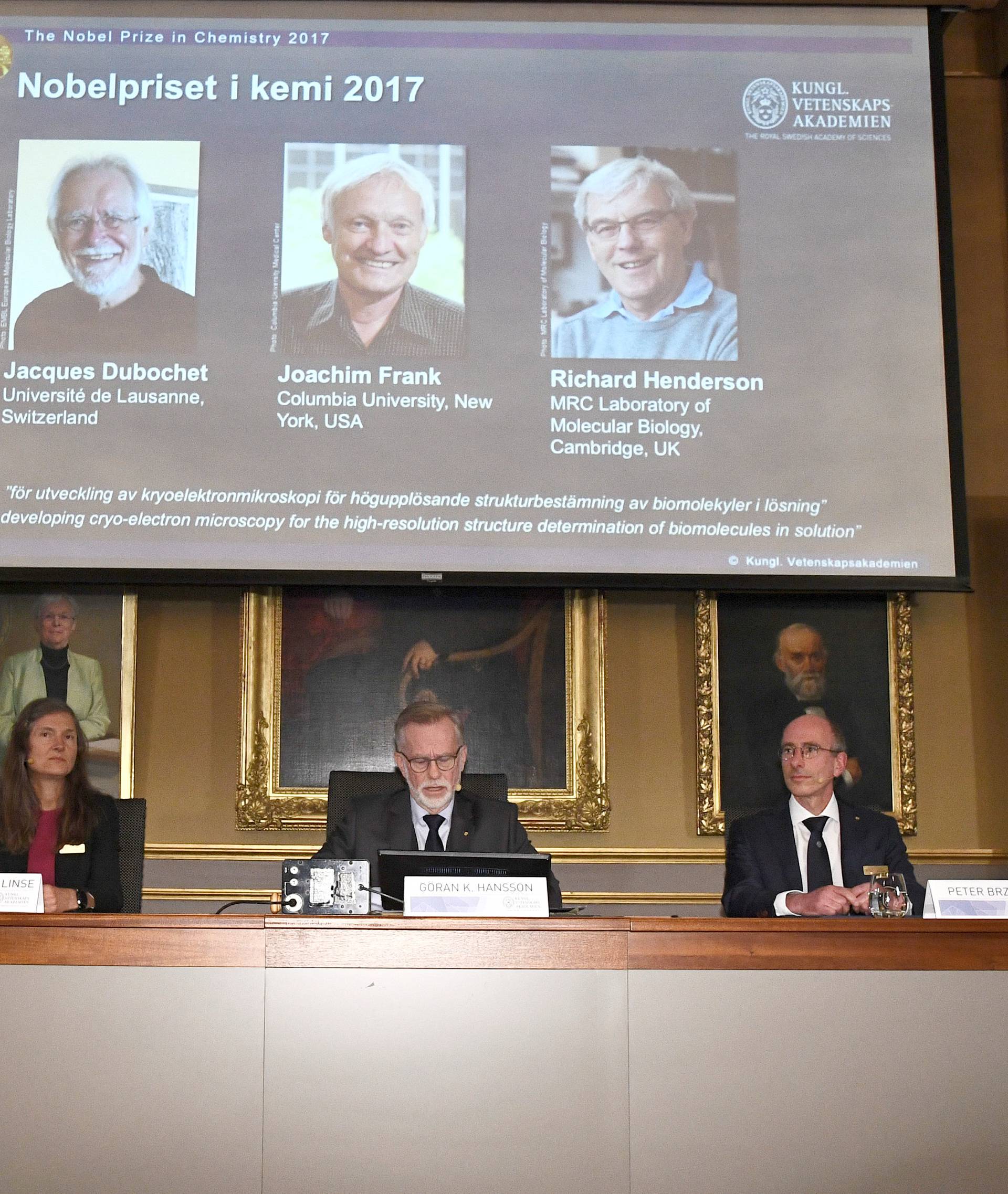 Members of the Nobel Committee announce the 2017 Nobel Prize winners in Chemistry for Jacques Dubochet, Joachim Frank and Richard Henderson at the Royal Academy of Sciences in Stockholm