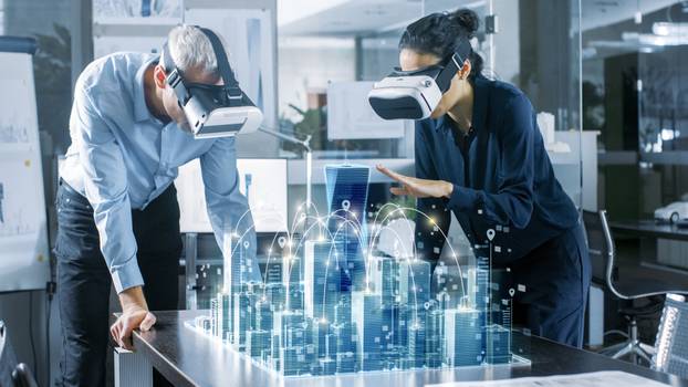 Male,And,Female,Architects,Wearing,Augmented,Reality,Headsets,Work,With