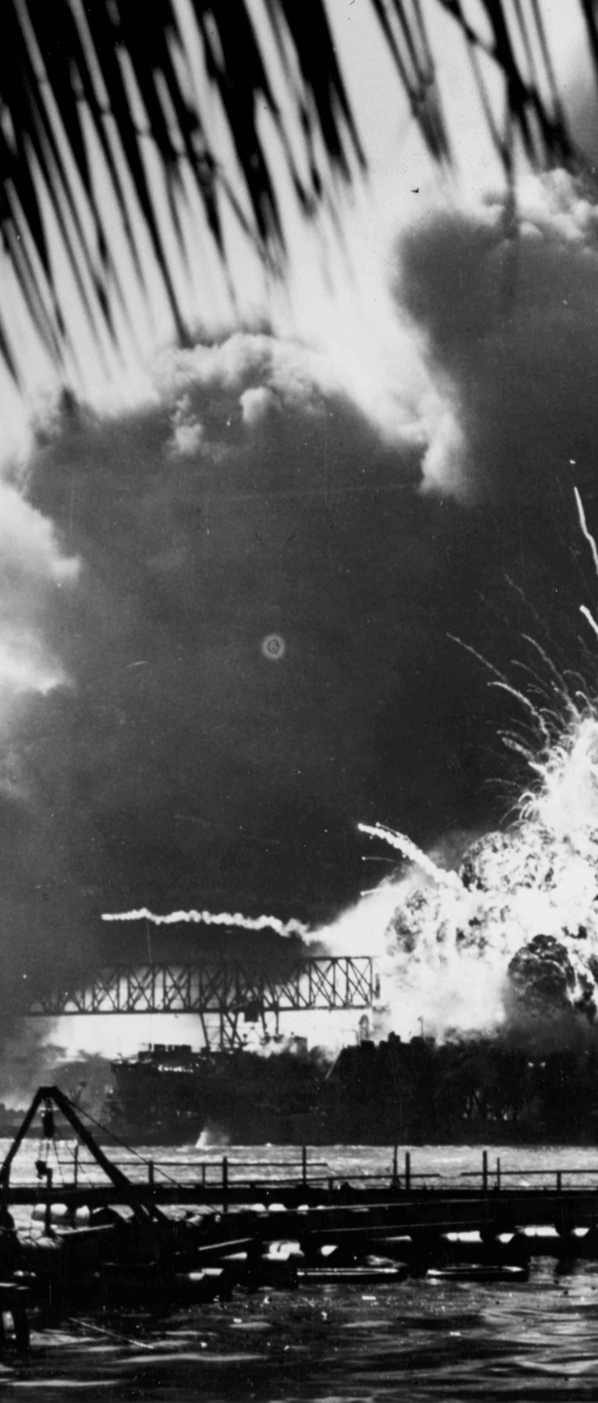 Archive photo of the forward magazine of the destroyer USS Shaw exploding during the second Japanese attack wave on Pearl Harbor