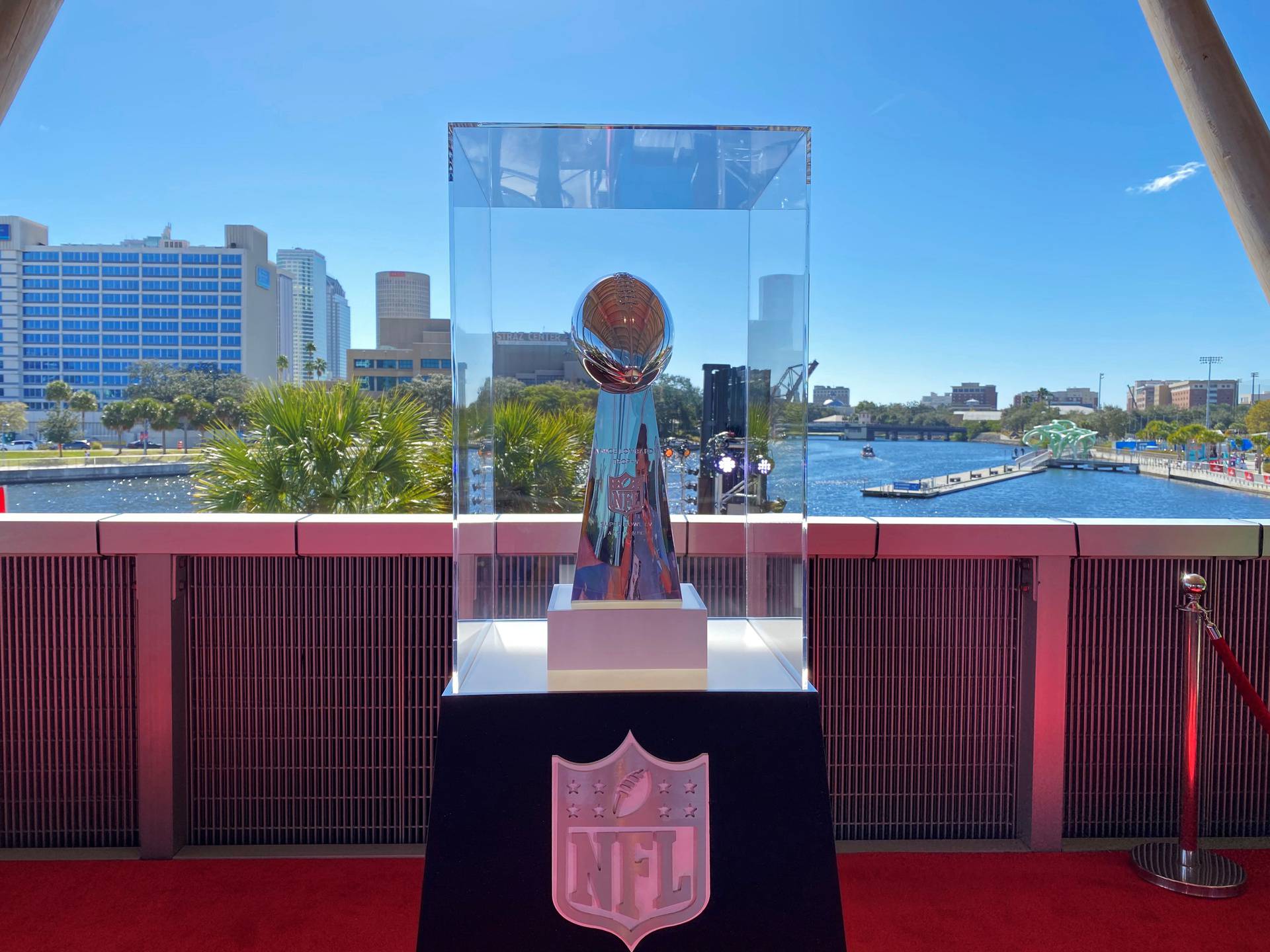 The Vince Lombardi trophy is on display before it is awarded to the winning team of Super Bowl LV in Tampa