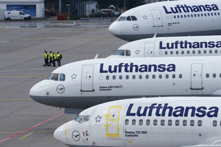 Planes stand on the tarmac during a pilots strike of German airline Lufthansa at Frankfurt airport