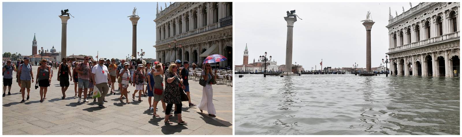 A combination picture shows St. Mark's Square before and after floods in Venice