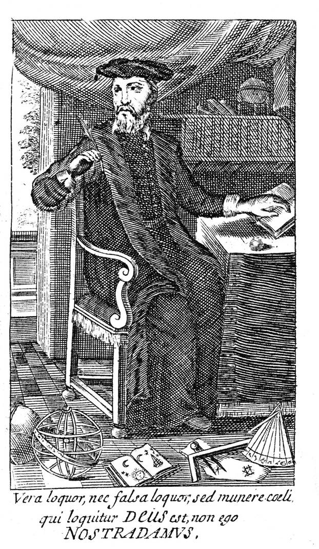 NOSTRADAMUS Portrait of Nostradamus - engraving from the Life of Nostradamus section in the Jean Ribou edition of Les Vrayes Centurie [sic] et Propheties de Maistre Michel Nostradamus. 1668.