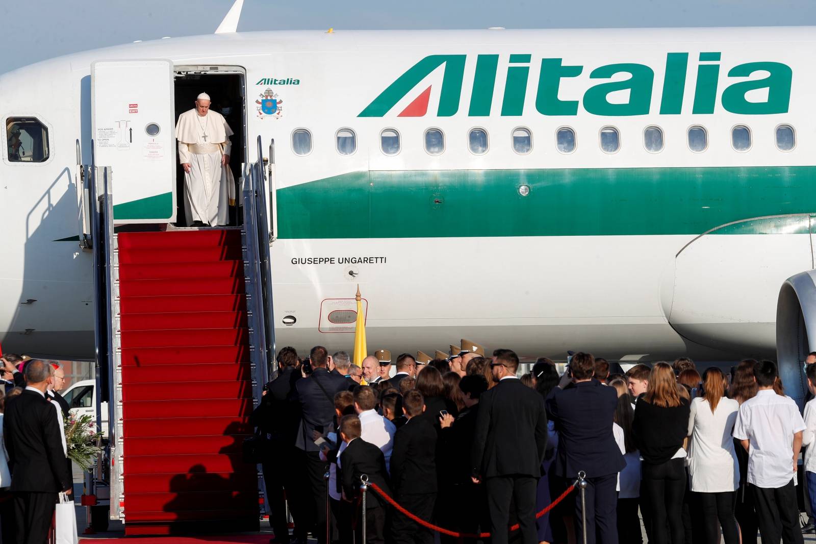 Pope Francis arrives at Budapest International Airport in Budapest, Hungary