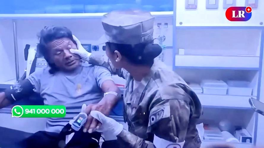 A medical team provides care to Peruvian fisherman Maximo Napa, who spent 95 days lost in the Pacific Ocean before being rescued by an Ecuadorian fishing patrol, after his rescue in Paita