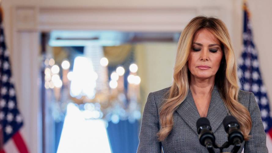 U.S. first lady Melania Trump delivers remarks regarding Jeffrey Epstein, from the White House in Washington