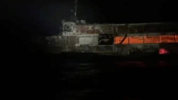 Burned MV June Aster, after a fire broke out aboard the ferry, off the coast of Palawan