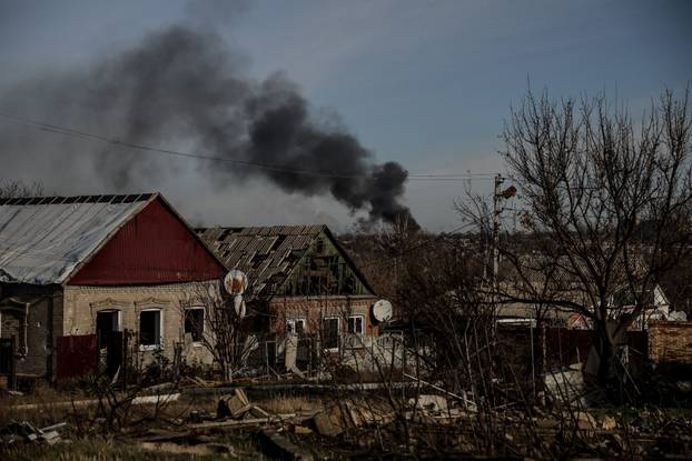 Buildings damaged by a Russian military strike in the frontline town of Kostiantynivka